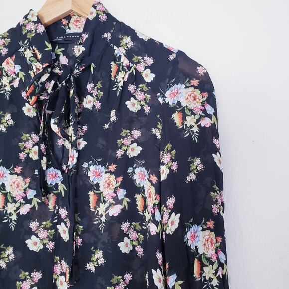 Zara Black Multicolor Floral Chiffon Sheer Long Sleeve Ruffle Tunic Dress XS - Picture 5 of 10